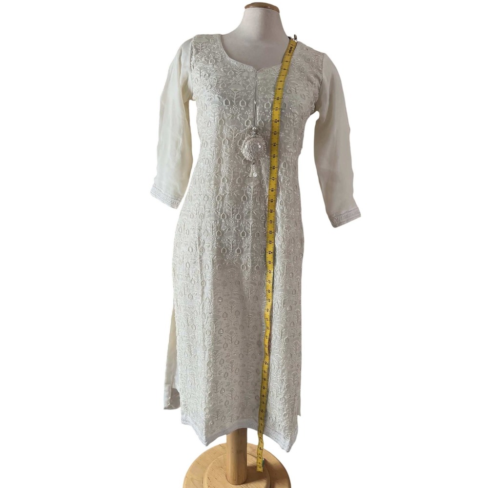 Ivory Chikankari Embroidered Kurta Tunic with Sequin Accents and Pearl Tassels - Picture 3 of 8